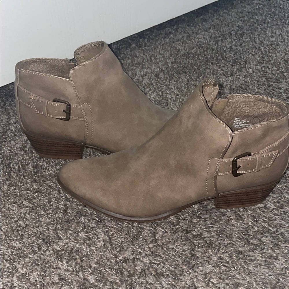 Tan Suede Ankle Booties with Buckle Details